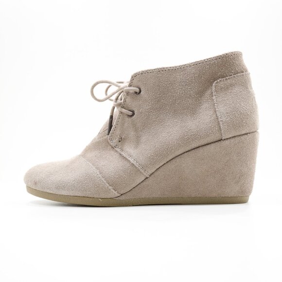 TOMS Kala Taupe Suede 3" Wedge Heel Lace-Up Ankle Booties - 9.5 - Picture 1 of 7